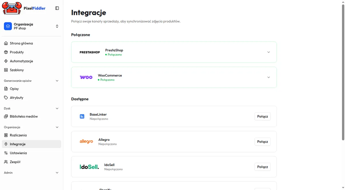 PixelFiddler integrations list with the Connect button next to Allegro