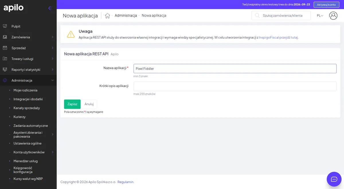New REST API application form in Apilo