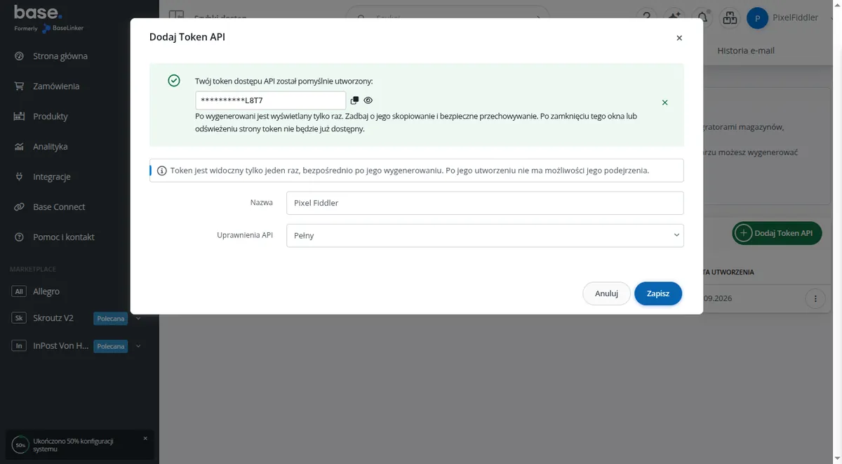 Generated API token in Base.com