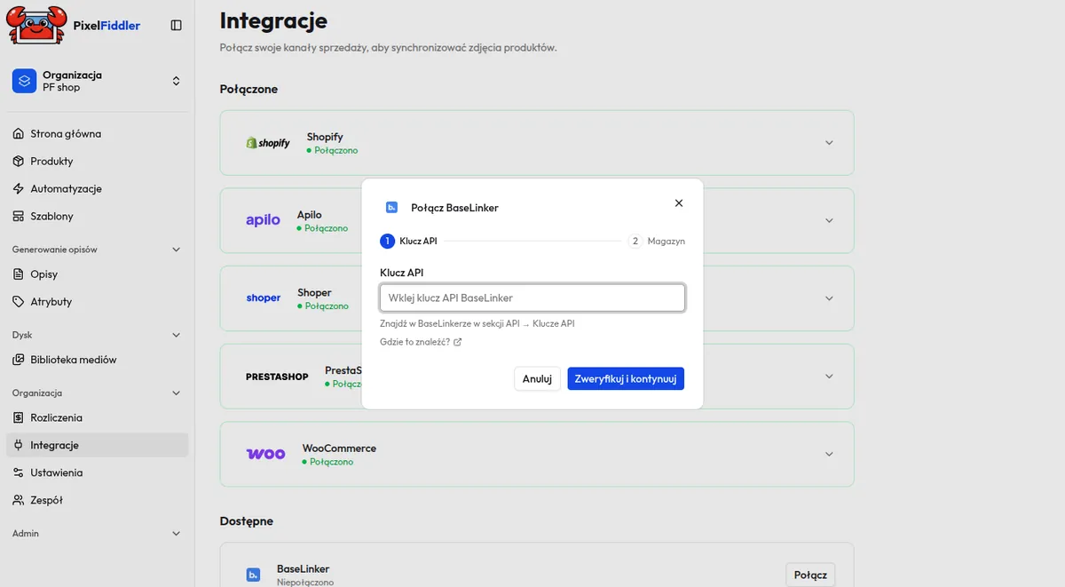 BaseLinker connection dialog in PixelFiddler with the API key field