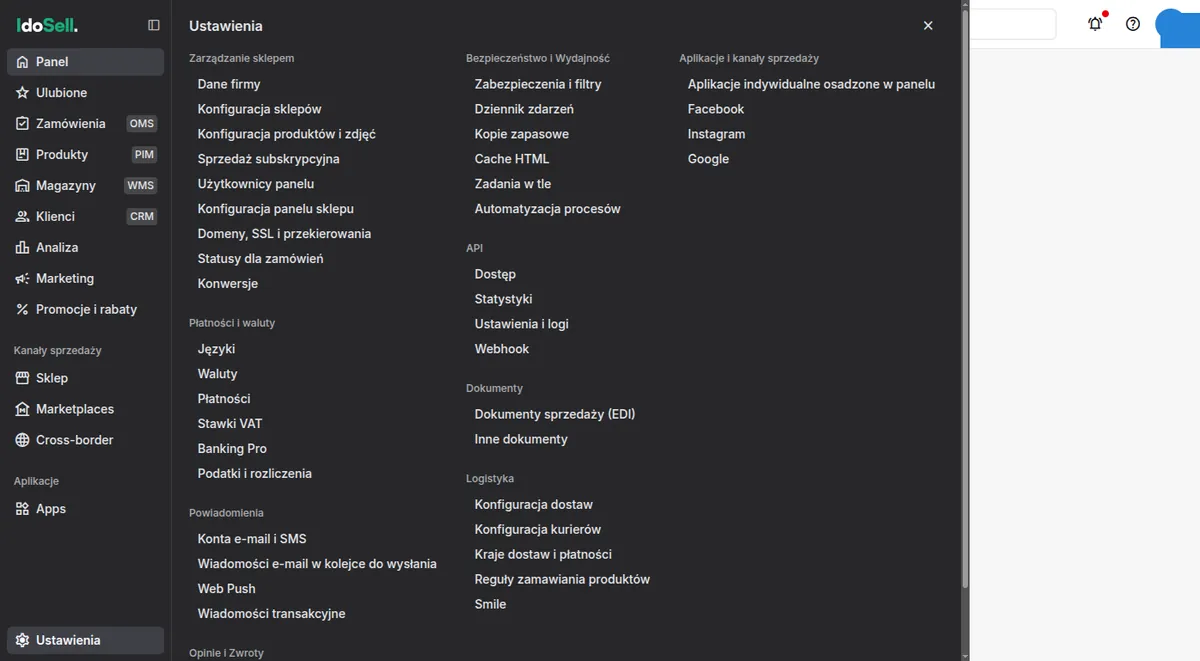 Settings menu in the IdoSell admin with the API section
