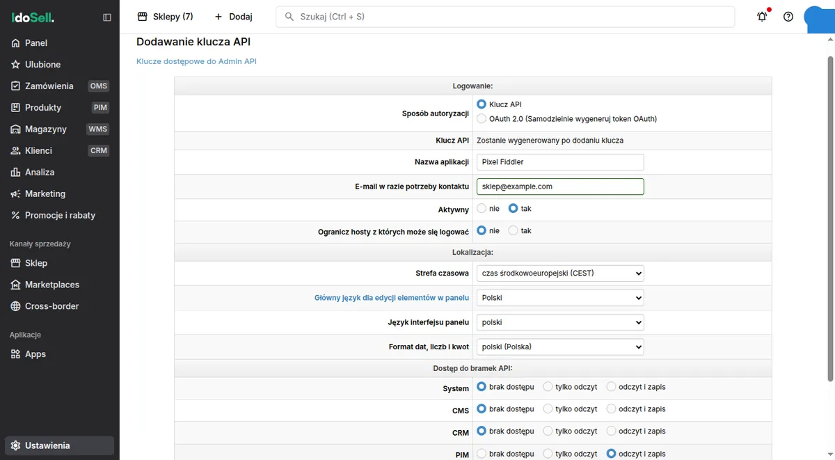 IdoSell API key form with PIM permissions