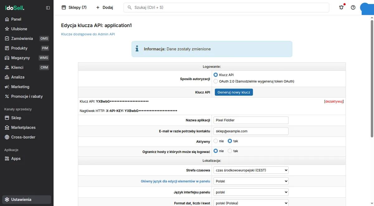 IdoSell API key edit view with the active key shown