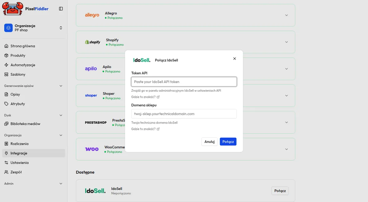 Connect IdoSell dialog in PixelFiddler