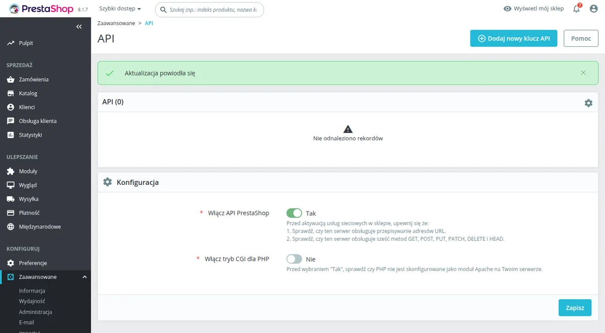 PrestaShop API settings with the webservice switch on