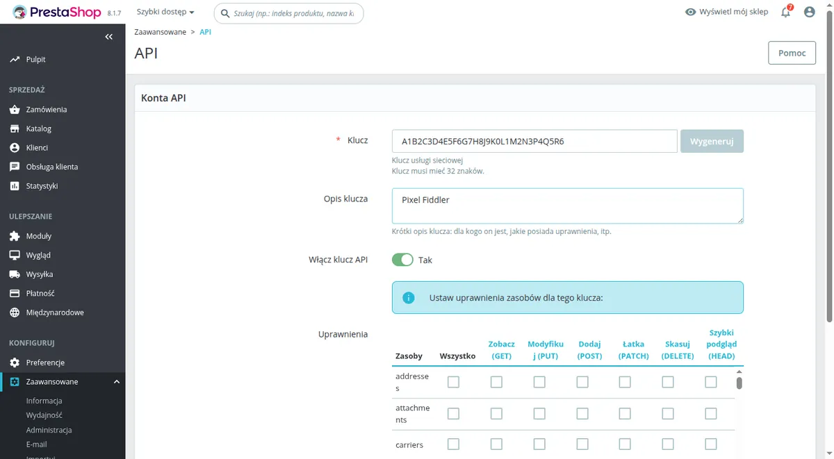 New API key form in PrestaShop