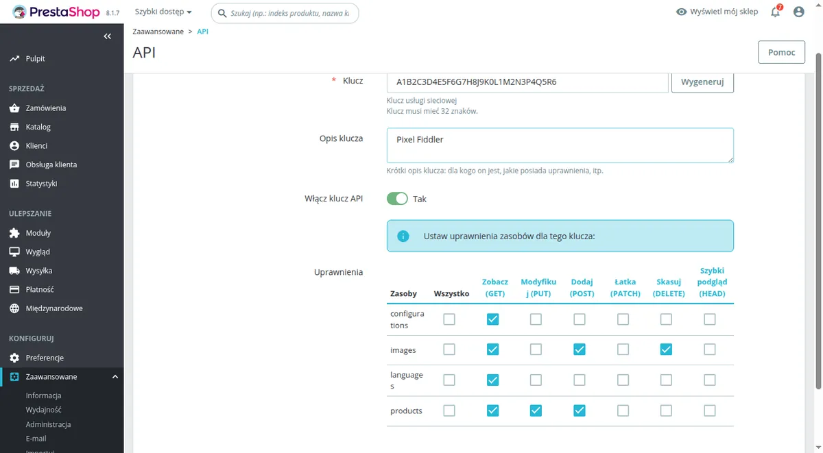 API key permissions table in PrestaShop