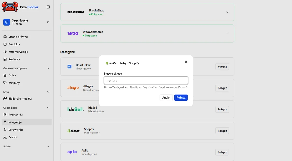 Connect Shopify dialog in PixelFiddler with the store name field