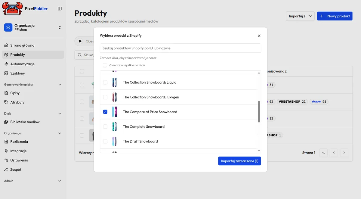 Shopify product list ready to import in PixelFiddler