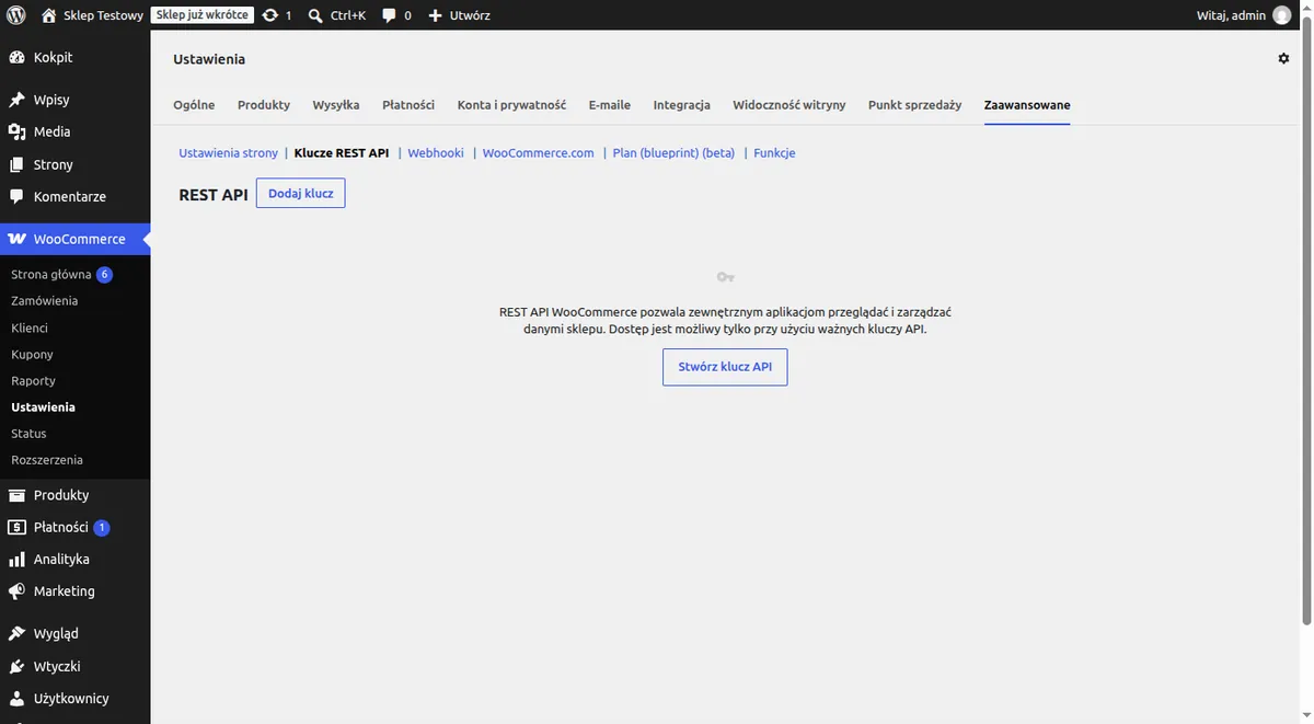 REST API keys tab in WooCommerce settings