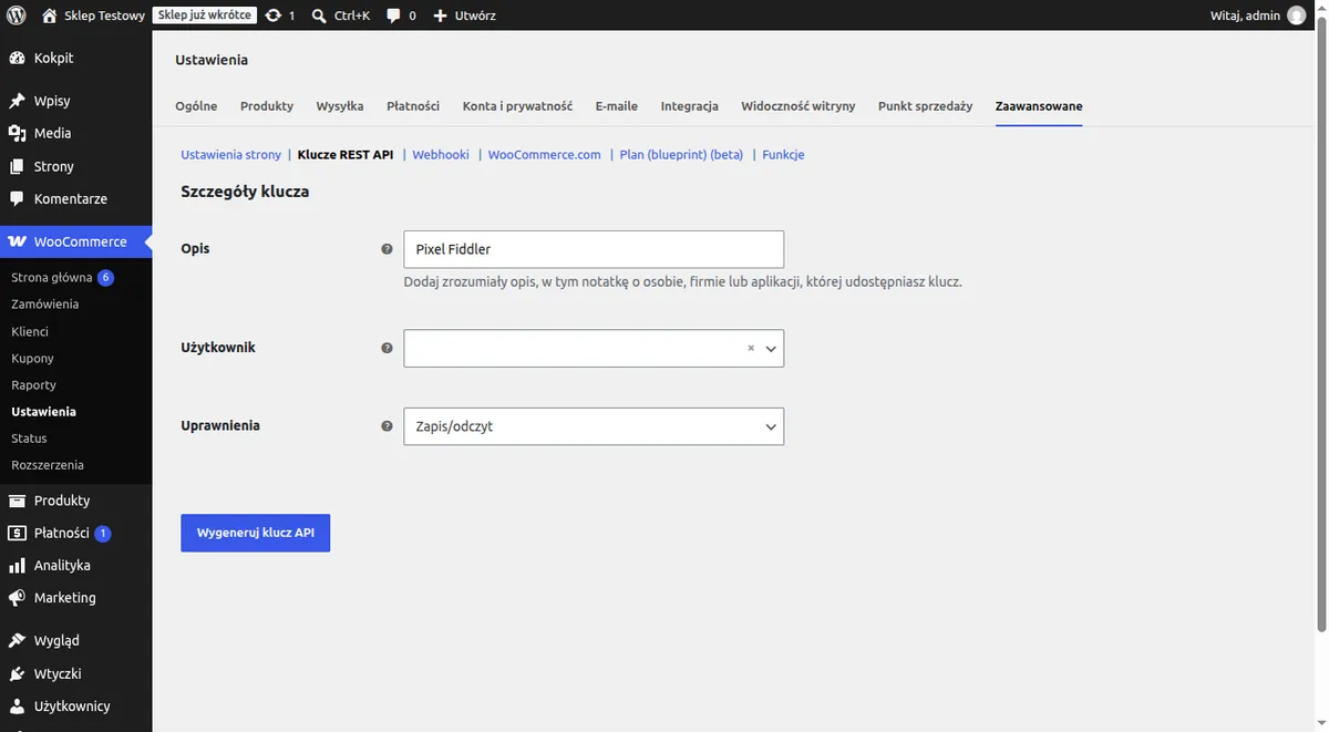 New REST API key form with Read/Write permissions