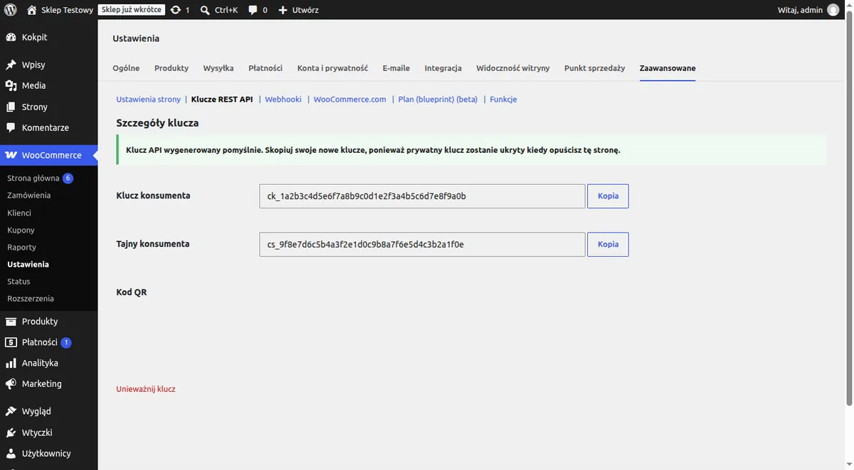 Generated consumer keys in WooCommerce